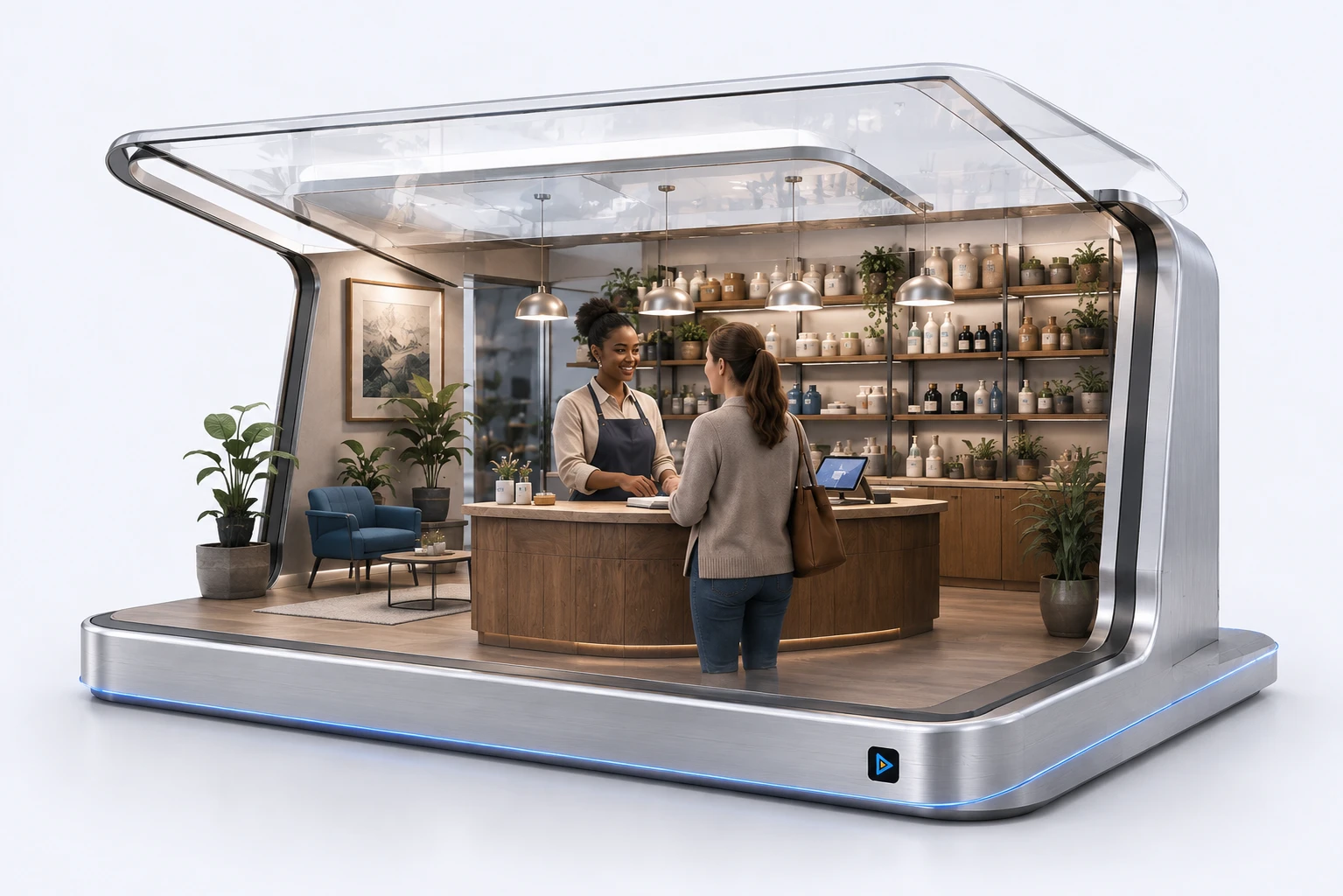 An open silver and glass frame reveals a business owner welcoming a customer into her studio.